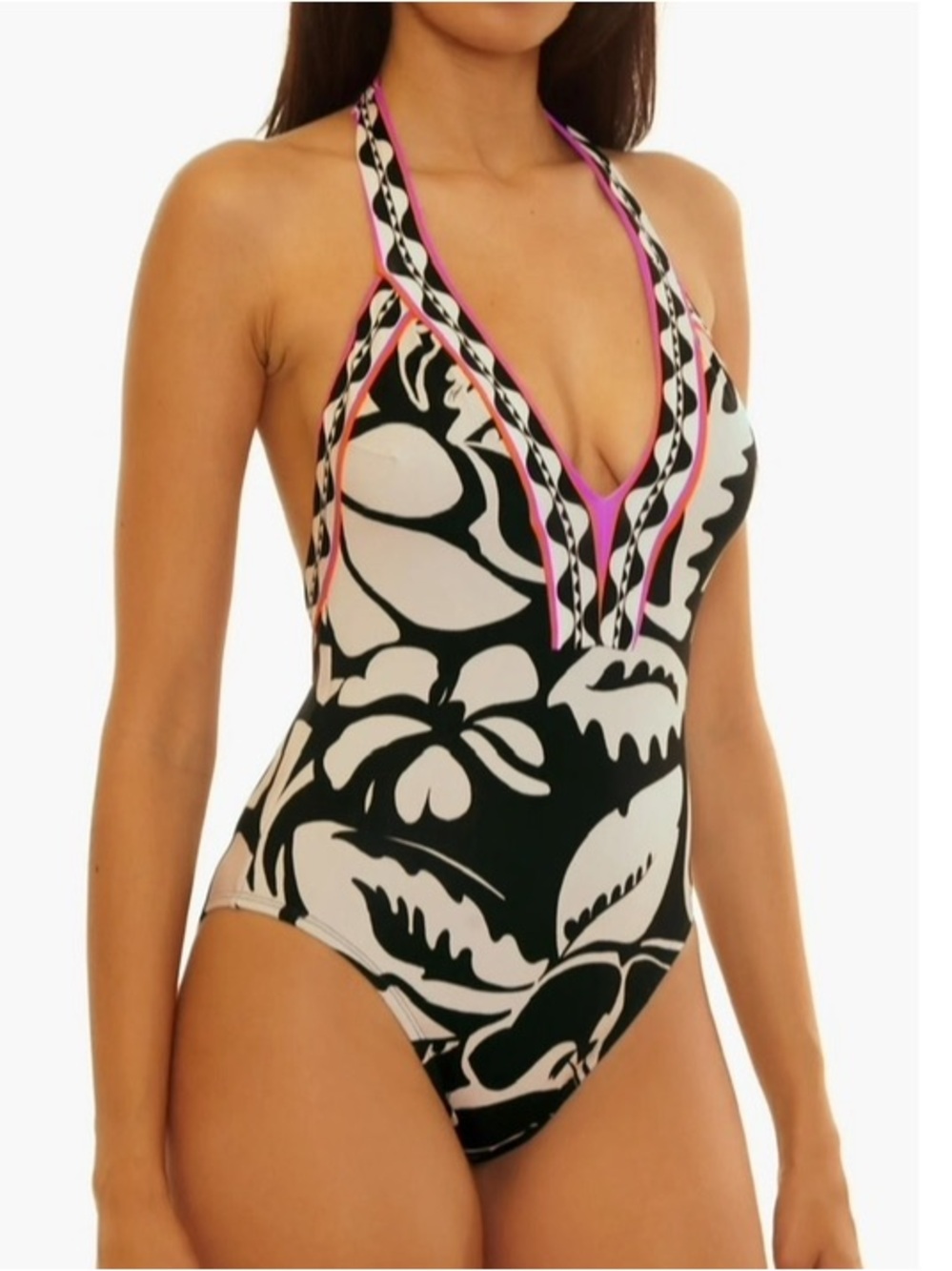 Trina Turk Florence One Piece Swimsuit Plunge Neckline Low Back Black Size 10